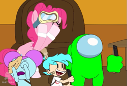 Size: 561x380 | Tagged: safe, artist:fasttoon, pinkie pie, earth pony, human, humanoid, pony, g4, among us, bandage, boyfriend, cellphone, clothes, covering eyes, crewmate (among us), disgusted, dusk till dawn, eyes closed, female, friday night funkin', goggles, hair bun, male, mare, phone, pibby, scarf, smiling, socks, youtube link