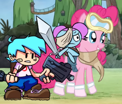 Size: 321x274 | Tagged: safe, artist:awesome toon, edit, pinkie pie, earth pony, human, pony, g4, adventure time, bag, bandage, boyfriend, clothes, cropped, dusk till dawn, female, friday night funkin', goggles, gun, hair bun, male, mare, pibby, riding a pony, saddle bag, scarf, skirt, smiling, socks, sword, tree, unamused, weapon, youtube link