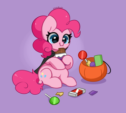 Size: 4139x3687 | Tagged: safe, artist:kittyrosie, pinkie pie, earth pony, pony, g4, candy, chocolate, cute, cute little fangs, diapinkes, fangs, female, food, halloween, holiday, mare, smiling, solo, vampire costume
