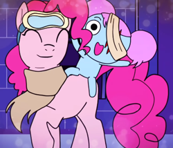 Size: 444x380 | Tagged: safe, artist:idol toons, edit, pinkie pie, earth pony, pony, g4, castle of the royal pony sisters, clothes, cropped, dusk till dawn, eyes closed, female, goggles, hair bun, mare, night, pibby, raised hoof, riding a pony, scarf, smiling, youtube link