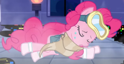 Size: 326x169 | Tagged: safe, artist:awesome toon, edit, pinkie pie, earth pony, pony, g4, bag, castle of the royal pony sisters, clothes, cropped, crying, dusk till dawn, error, eyes closed, female, glitch, goggles, lying down, mare, night, prone, sad, saddle bag, scarf, skirt, socks, youtube link
