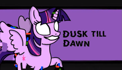 Size: 661x380 | Tagged: safe, artist:carl ivan's animation, twilight sparkle, alicorn, pony, g4, corrupted, dusk till dawn, error, female, glitch, horn, mare, pibby, raised hoof, smiling, spread wings, text, twilight sparkle (alicorn), wings, youtube link
