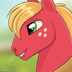 Size: 1280x1280 | Tagged: safe, artist:jenery, big macintosh, earth pony, pony, g4, blurry background, bust, freckles, grin, horse collar, male, portrait, smiling, solo, stallion