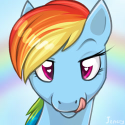 Size: 1280x1280 | Tagged: safe, artist:jenery, rainbow dash, pegasus, pony, g4, bedroom eyes, bust, heart, heart eyes, hungry, kitchen eyes, licking, licking lips, looking at you, offscreen character, portrait, pov, rainbow background, raised eyebrow, tongue out, wingding eyes