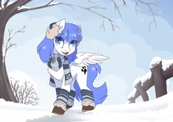 Size: 3508x2480 | Tagged: safe, artist:arctic-fox, oc, oc only, oc:snow pup, pegasus, pony, boots, clothes, collar, earmuffs, eye clipping through hair, eyebrows, eyebrows visible through hair, fence, high res, looking at you, open mouth, open smile, scarf, shoes, smiling, snow, snowfall, socks, solo, spread wings, striped scarf, striped socks, tree, wings, winter