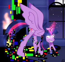 Size: 496x478 | Tagged: safe, artist:spooky ayu, twilight sparkle, alicorn, pony, g4, castle of the royal pony sisters, corrupted, dusk till dawn, error, female, fire, floppy ears, glitch, glowing, glowing eyes, horn, magic, mare, moon, night, pibby, signature, smiling, sparkles, speedpaint available, spread wings, stars, torch, twilight sparkle (alicorn), wings, youtube link