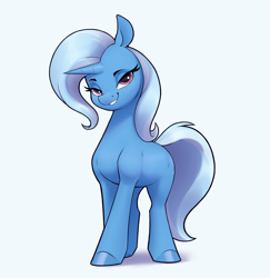 Size: 2804x2882 | Tagged: safe, artist:aquaticvibes, trixie, pony, unicorn, g4, blue background, cyan background, female, grin, high res, looking at you, mare, simple background, smiling, smiling at you, smirk, solo