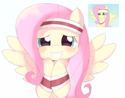 Size: 2048x1602 | Tagged: safe, artist:ginmaruxx, fluttershy, pegasus, pony, g4, hurricane fluttershy, blushing, cute, flying, looking at you, scene interpretation, screencap reference, shyabetes, simple background, smiling, smiling at you, spread wings, sweatband, white background, wings
