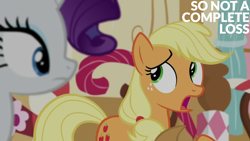 Size: 1920x1080 | Tagged: safe, edit, edited screencap, editor:quoterific, screencap, applejack, rarity, earth pony, pony, unicorn, g4, party pooped, season 5, applejack's hat, cowboy hat, duo, duo female, female, hat, open mouth, sugarcube corner