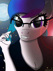 Size: 2474x3271 | Tagged: safe, artist:qnighter, oc, oc:aurora starling, firefly (insect), insect, anthro, glasses, high res, looking at you, moon, night, smiling, solo, sunset