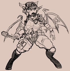 Size: 2010x2048 | Tagged: safe, artist:replica, oc, oc only, bat pony, anthro, unguligrade anthro, bat pony oc, bat wings, breasts, clothes, digital art, fangs, female, grenade, helmet, high res, military pony, military uniform, monochrome, open mouth, simple background, sketch, soldier, solo, suit, tail, thighs, uniform, weapon, wings, world war ii