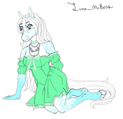 Size: 639x618 | Tagged: safe, artist:luna_mcboss, oc, oc only, oc:althea, earth pony, anthro, unguligrade anthro, blue coat, blue eyes, bow, clothes, coat markings, dappled, dress, earth pony oc, female, furry, furry oc, jewelry, long hair, necklace, simple background, solo, white background, white mane