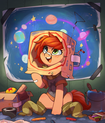 Size: 1218x1430 | Tagged: safe, artist:rexyseven, oc, oc only, oc:rusty gears, earth pony, pony, ball, bandage, bandaid, bandaid on nose, cardboard box, clothes, crayon, cute, earth pony oc, female, filly, foal, heterochromia, looking up, open mouth, paint, paint bucket, paintbrush, scarf, shirt, sitting, socks, soda can, solo, straw, striped socks, tape, young
