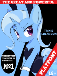 Size: 736x981 | Tagged: safe, artist:30clock, edit, trixie, pony, unicorn, g4, blushing, bunny suit, clothes, costume, cute, great and powerful, lewd, playboy, playboy bunny, playpony, solo, standing on two hooves, wide hips