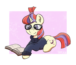 Size: 1655x1425 | Tagged: safe, artist:single purpose, moondancer, pony, unicorn, g4, book, clothes, cute, female, glasses, lying down, mare, reading, simple background, smiling, solo, sweater