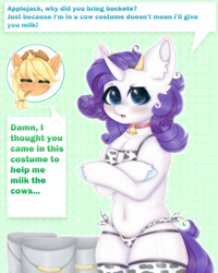 Size: 2000x2500 | Tagged: safe, artist:saltyvity, applejack, rarity, earth pony, unicorn, semi-anthro, g4, animal costume, arm hooves, bell, bell collar, belly button, bikini, bipedal, blue eyes, blushing, bucket, chest fluff, choker, clothes, collar, comics, costume, cow costume, cowbell, cowkini, cowprint, crossed arms, cute, ear fluff, eyes closed, fake horns, fluffy, green eyes, hat, high res, horns, legs together, purple hair, raricow, simple background, socks, straw in mouth, swimsuit, thigh highs, white body, yellow mane