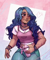 Size: 1804x2160 | Tagged: safe, artist:violetwitchhh, izzy moonbow, human, g5, bracelet, choker, clothes, cute, dark skin, denim, drinking straw, female, heart, humanized, izzybetes, jeans, jewelry, midriff, nail polish, necklace, pants, shirt, smoothie, solo, t-shirt, tattoo