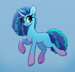 Size: 1950x1860 | Tagged: safe, artist:_alixxie_, misty brightdawn, pony, unicorn, g5, blue background, coat markings, curly hair, curly tail, female, full body, looking at you, mare, simple background, smiling, socks (coat markings), solo, tail