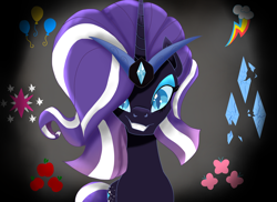 Size: 3850x2800 | Tagged: safe, artist:charmybeelikesmlp, nightmare rarity, pony, unicorn, g4, blue eyes, crown, cutie mark, digital art, eyeshadow, female, gray background, grin, high res, horn, jewelry, long horn, looking at you, makeup, mare, nightmarified, purple mane, purple tail, regalia, simple background, smiling, smiling at you, solo, tail, teeth