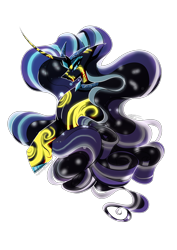 Size: 2480x3508 | Tagged: safe, artist:therissinghoothoot, nightmare rarity, pony, unicorn, g4, blue eyes, bust, collaboration, colored pupils, crown, curved horn, digital art, eyeshadow, female, flowing mane, gem, high res, horn, jewelry, lidded eyes, long horn, long mane, makeup, mare, necklace, purple mane, regalia, simple background, smiling, solo, transparent background