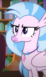 Size: 460x767 | Tagged: safe, screencap, silverstream, classical hippogriff, hippogriff, g4, the hearth's warming club, cropped, jewelry, necklace, silverstream is not amused, solo, unamused