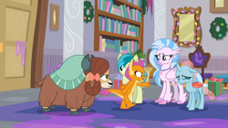 Size: 1600x898 | Tagged: safe, screencap, ocellus, sandbar, silverstream, smolder, yona, changedling, changeling, classical hippogriff, dragon, earth pony, hippogriff, pony, yak, g4, season 8, the hearth's warming club, angry, bookshelf, bow, cloven hooves, colored hooves, dragoness, female, hair bow, jewelry, male, monkey swings, necklace, present