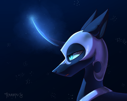 Size: 2000x1600 | Tagged: safe, artist:krampuzzz, nightmare moon, alicorn, pony, g4, blue eyes, curved horn, digital art, female, glowing, glowing horn, helmet, horn, magic, mare, moonlight, night, open mouth, peytral, signature, simple background, solo, stars