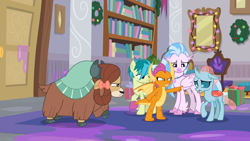 Size: 1600x900 | Tagged: safe, screencap, ocellus, sandbar, silverstream, smolder, yona, changedling, changeling, classical hippogriff, dragon, earth pony, hippogriff, pony, yak, g4, season 8, the hearth's warming club, angry, bow, cloven hooves, colored hooves, dragoness, female, hair bow, jewelry, male, monkey swings, necklace, pointing