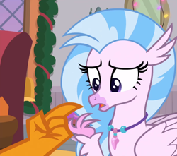 Size: 1020x900 | Tagged: safe, screencap, silverstream, smolder, classical hippogriff, dragon, hippogriff, g4, the hearth's warming club, cropped, dragoness, female, jewelry, necklace, offscreen character, pointing, solo focus