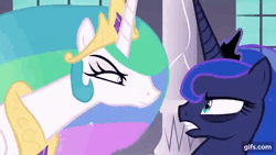 Size: 640x360 | Tagged: safe, screencap, princess celestia, princess luna, starlight glimmer, alicorn, pony, unicorn, a royal problem, g4, season 7, angry, animated, argument, crown, ethereal mane, female, frown, gif, gifs.com, jewelry, magic, mare, nervous, peytral, regalia, royal sisters, siblings, sisters, telekinesis