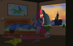 Size: 2200x1400 | Tagged: safe, artist:schumette14, cheese sandwich, pinkie pie, anthro, g4, bed, morning