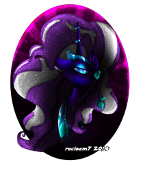Size: 2205x2640 | Tagged: safe, artist:rocioam7, nightmare rarity, pony, unicorn, g4, blue eyes, bust, crown, digital art, ethereal mane, eyeshadow, female, gem, high res, horn, jewelry, lidded eyes, looking at you, makeup, mare, peytral, purple mane, regalia, signature, simple background, solo, sparkles, starry mane, teeth, transparent background