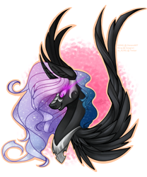 Size: 1224x1468 | Tagged: safe, artist:blake-rosey, nightmare star, princess celestia, alicorn, pony, g4, bust, curved horn, digital art, ethereal mane, eyelashes, feather, female, flowing mane, glowing, glowing eyes, grin, horn, mare, nightmarified, peytral, pink eyes, signature, simple background, smiling, solo, sparkles, spread wings, starry mane, stars, teeth, white background, wings