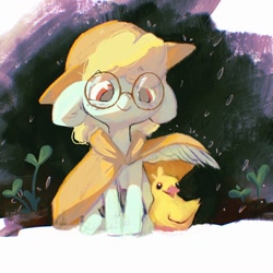 Size: 2000x2000 | Tagged: safe, artist:dearmary, oc, oc only, bird, duck, pegasus, pony, animal, duckling, floppy ears, freckles, glasses, happy, hat, rain, raincoat, round glasses, sitting, smiling, solo, wing umbrella, wings