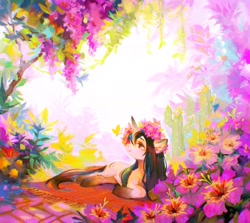 Size: 2048x1824 | Tagged: safe, artist:dearmary, oc, oc only, oc:sylvine, butterfly, pony, unicorn, blanket, cactus, coat markings, color porn, colorful, female, floral head wreath, flower, lying down, mare, scenery, socks (coat markings), solo, tree