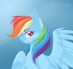 Size: 1684x1596 | Tagged: safe, artist:ie nebulizer, rainbow dash, pegasus, pony, g4, blue background, eyebrows, female, mare, multicolored hair, rainbow hair, simple background, smiling, solo, wings