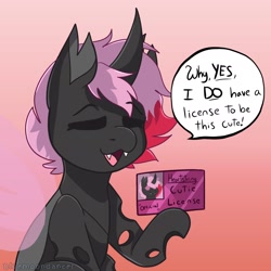 Size: 1790x1788 | Tagged: safe, artist:bluemoon, oc, oc only, oc:heartstring fiddler, changeling, changeling oc, commission, cute, cuteling, dialogue, fangs, id card, license, pink changeling, solo, watermark, ych result