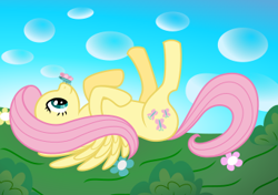 Size: 342x241 | Tagged: safe, artist:mfg637, derpibooru exclusive, fluttershy, butterfly, pony, g4, .svg available, butterfly on nose, female, insect on nose, lying down, mare, picture for breezies, solo, svg, vector
