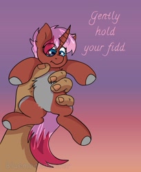 Size: 1341x1639 | Tagged: safe, artist:bluemoon, oc, oc:heartstring fiddler, pony, commission, gradient background, gripping, hand, solo focus, text, ych result