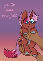 Size: 1139x1639 | Tagged: safe, artist:bluemoon, oc, oc:heartstring fiddler, pony, commission, gripping, hand, holding a pony, pink mane, solo focus, ych result