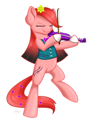 Size: 1024x1383 | Tagged: safe, artist:violyre, oc, oc only, oc:chordstriker, earth pony, pony, bipedal, commission, earth pony oc, eyes closed, female, flower, flower in hair, musical instrument, simple background, solo, transparent background, violin