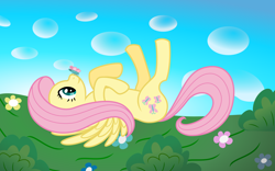 Size: 1920x1200 | Tagged: safe, alternate version, artist:mfg637, derpibooru exclusive, fluttershy, butterfly, pony, g4, .svg available, butterfly on nose, female, insect on nose, lying down, mare, solo, svg, vector, wallpaper