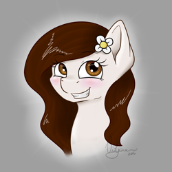 Size: 1000x1000 | Tagged: safe, artist:violyre, oc, oc only, pony, blushing, bust, female, flower, flower in hair, simple background, smiling, solo