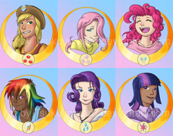 Size: 1220x963 | Tagged: safe, artist:tsukuyomaru, applejack, fluttershy, pinkie pie, rainbow dash, rarity, twilight sparkle, human, g4, dark skin, female, humanized, mane six, watermark