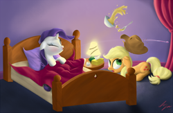 Size: 1680x1092 | Tagged: safe, artist:sameasusual, applejack, rarity, earth pony, pony, unicorn, g4, bed, blushing, duo, eyes closed, female, food, lamp, sick, sneezing, soup, spill, thermometer, tissue, tissue box