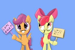 Size: 3000x2000 | Tagged: safe, artist:sameasusual, apple bloom, scootaloo, earth pony, pegasus, pony, g4, blue background, duo, fake moustache, female, high res, sign, simple background