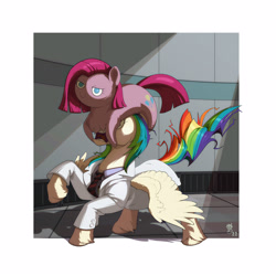 Size: 2500x2500 | Tagged: safe, artist:gor1ck, pinkie pie, oc, oc:shooting star, earth pony, headcrab, pegasus, pony, g4, clothes, commission, half-life, high res, indoors, lab coat, multicolored hair, not rainbow dash, open mouth, pegasus oc, pinkamena diane pie, potato pony, rainbow hair, scientist, screaming, tongue out, unshorn fetlocks, video game crossover, ych result