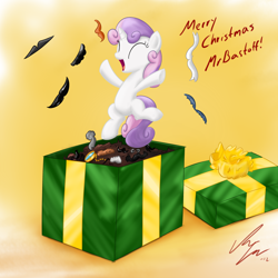 Size: 1200x1200 | Tagged: safe, artist:sameasusual, sweetie belle, pony, unicorn, g4, christmas, fake moustache, female, holiday, present, solo