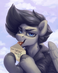 Size: 1600x2000 | Tagged: safe, alternate version, artist:jewellier, oc, pegasus, pony, cloud, cloudy, commission, cyrillic, envelope, letter, licking, looking at you, male, open mouth, pegasus oc, russian, solo, stallion, tongue out, translated in the description, ych result