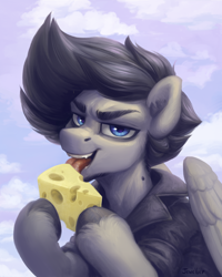 Size: 1600x2000 | Tagged: safe, alternate version, artist:jewellier, oc, pegasus, pony, cheese, cloud, cloudy, commission, food, licking, looking at you, male, open mouth, pegasus oc, solo, stallion, tongue out, ych result